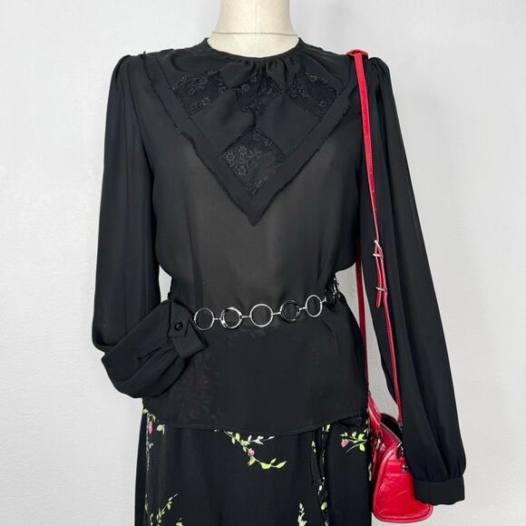 Vintage Goth Sheer Black Blouse Button Back Lace Bib - Picture 1 of 8